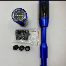 Cargar imagen en el visor de la Galería, Blue shift knob lengthener with clock gauge and mounting components, carbon-fiber grip