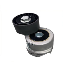 Carica l'immagine nel visualizzatore di Gallery, Belt tensioner pulley with black wheel, silver bracket, and blue center bushing