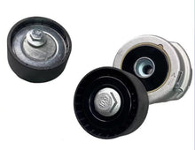 Carica l'immagine nel visualizzatore di Gallery, Belt tensioner pulley with black rubber wheel and silver mounting bracket