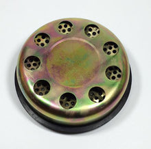 Charger l'image dans la galerie, Oil-type air filter, round iridescent metal disc with multiple small holes and black rim by SUONAMA