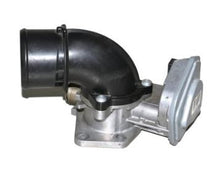 Carica l'immagine nel visualizzatore di Gallery, Engine throttle valve with curved intake pipe and silver mounting flange, black housing by SUONAMA