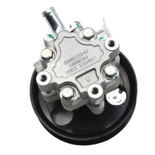 Carica l'immagine nel visualizzatore di Gallery, Steering power pump with black pulley and metal housing, multiple mounting bolts