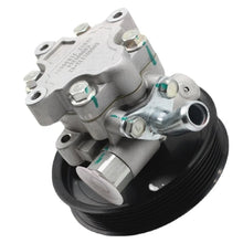 Carica l'immagine nel visualizzatore di Gallery, Steering power pump with silver housing, black pulley wheel, hydraulic hoses attached