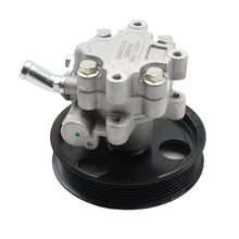 Carica l'immagine nel visualizzatore di Gallery, Steering power pump with silver metal body and black pulley, inlet/outlet fittings