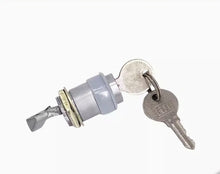 Carica l'immagine nel visualizzatore di Gallery, Dashboard lock cylinder with two keys attached, gray housing and metal mounting shaft