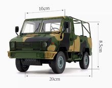 Charger l'image dans la galerie, 1:24 scale green camouflage off-road van model with size dimensions on white background