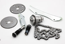 Charger l'image dans la galerie, Timing chain kit showing sprockets, roller chain, metal guides, and tensioner