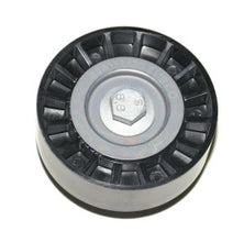 Charger l'image dans la galerie, Black ribbed tensioner pulley with silver center and embossed markings