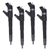 Charger l'image dans la galerie, Set of four black fuel injectors with metal tips and electrical connectors