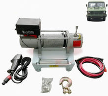 Carica l'immagine nel visualizzatore di Gallery, 24V 9500 lb electric winch with steel cable, hook, and red/black power leads