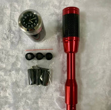 Cargar imagen en el visor de la Galería, Red shift knob lengthener with clock gauge, carbon-fiber grip, and rubber mounting caps