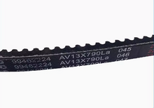 Carregar imagem no visualizador da galeria, Black drive belt close-up, ribbed underside and printed part codes