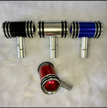 Charger l'image dans la galerie, Set of car shift knob adapters with silver T-piece and blue, red, and black sleeves