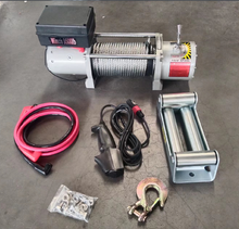 Carica l'immagine nel visualizzatore di Gallery, 24V 9500 lb winch kit with steel rope, red power cable, black switch, mounting bracket
