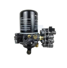 Charger l'image dans la galerie, Truck air dryer with black cylindrical reservoir, gold fittings, and multiport valve block