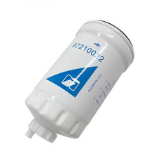 Cargar imagen en el visor de la Galería, White cylindrical fuel filter with inlet/outlet ports and label on side