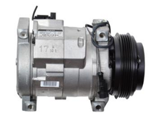 Load image into Gallery viewer, Automotive air conditioning compressor side view with black pulley and silver housing by SUONAMA