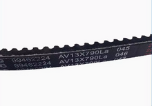 Load image into Gallery viewer, Black drive belt close-up, ribbed underside and printed part codes