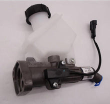 Load image into Gallery viewer, Clutch master cylinder assembly with white reservoir and black hose, wiring connector