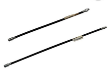 Load image into Gallery viewer, Brake hose pair with black rubber line and metal fittings, two-way view