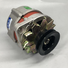 Load image into Gallery viewer, Automotive alternator angled view with silver body, red stripe, and black pulley