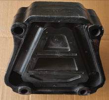 Charger l'image dans la galerie, Black engine mount support bracket with internal ribs and four mounting holes, top view.