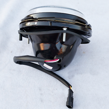 Cargar imagen en el visor de la Galería, LED headlamp with black housing and wire connectors, angled side view