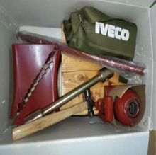 Charger l'image dans la galerie, Vehicle tool kit with assorted hand tools in a storage case, including a green IVECO bag
