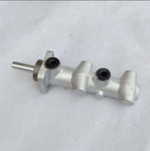 Załaduj obraz do przeglądarki galerii, Brake master cylinder with metal body, two hose ports, and pushrod shaft