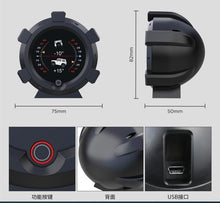 Załaduj obraz do przeglądarki galerii, Round black gauge with side view, measurements, and bottom USB port detail
