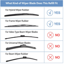 Charger l'image dans la galerie, Wiper blade refill fitment chart showing yes for hybrid and frame rubber