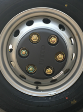تحميل الصورة في عارض المعرض، Wheel cover installed on silver rim with black center and gold hub fasteners