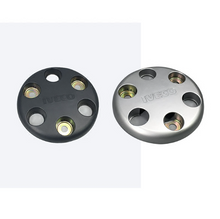 تحميل الصورة في عارض المعرض، Pair of plastic wheel covers: black and silver with round holes and gold fasteners