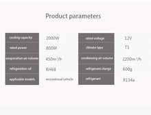 Cargar imagen en el visor de la Galería, RV air conditioner specifications chart, rated voltage 12V and cooling capacity 2000W