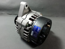 Cargar imagen en el visor de la Galería, Silver alternator with black end cap and mounting bracket, side view.