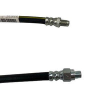 Carregar imagem no visualizador da galeria, Brake hose with black rubber line and threaded metal connector, close-up