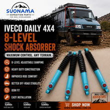 画像をギャラリービューアに読み込む, Set of blue and black 8-level adjustable shock absorbers shown on a promotional poster

