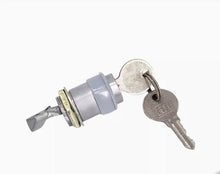 Laden Sie das Bild in den Galerie-Viewer. Dashboard lock cylinder with two keys attached, gray housing and metal mounting shaft

