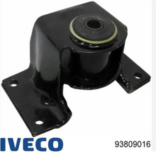 Load image into Gallery viewer, Black leaf spring bracket with central bushing, angled plate and bolt holes
