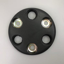 Load image into Gallery viewer, Round black plastic wheel cover with four open holes and four metal stud inserts
