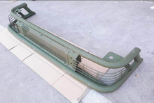 Load image into Gallery viewer, Olive green front bumper with wide mesh insert and two corner mounting brackets
