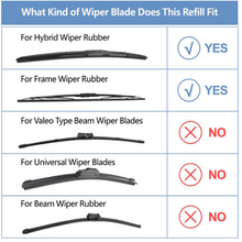 Load image into Gallery viewer, Wiper blade refill fitment chart showing yes for hybrid and frame rubber
