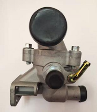 Load image into Gallery viewer, Thermostat assembly with dark rubber cap and metal housing, hose ports and yellow line by SUONAMA
